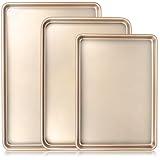 Baking Sheet Pan Set of 3, Commercial Cookie Sheets for Baking, Nonstick Half/Quarter/Jelly Roll Pans Replacement Toaster Oven Tray, Heavy Duty & Easy Clean, Champagne Gold