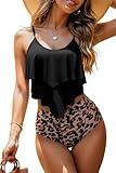 Womens High Waisted Bathing Suits Flounce Halter Tank Top Bikini Bottoms Tummy Control Modest Swimwear Two Piece Swimsuits Tankini Leopard XL
