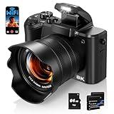 Fulealfly 8K Digital Camera for Photography, 88MP Autofocus WiFi Vlogging Camera for YouTube Video with Front and Rear Lens, Flash, Touch Screen, Lens Hood, 64GB Card, 2 Batteries(Black)