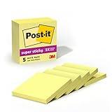 Post-it Super Sticky Notes, 5 Sticky Note Pads, 3 x 3 in., School Supplies, Office Products, Sticky Notes for Vertical Surfaces, Monitors, Walls and Windows,Canary Yellow