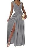 Dokotoo Womens Ladies Elegant Floor Length A Line Wrap Deep V Neck Backless Ruched Pleated Ruffled Split Long Maxi Formal Evening Party Prom Dress Bridesmaid Wedding Guest Dresses for Women Gray XL