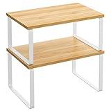 SONGMICS Cabinet Organizer Shelf, Set of 2 Kitchen Counter Shelves, Kitchen Storage, Spice Rack, Stackable, Expandable, Metal and Engineered Wood, Cloud White and Natural Beige UKCS02NW