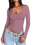 PINKMSTYLE Womens Basic Long Sleeve Tops Double Lined V Neck T Shirts Slim Fit Shirts Fall Outfits Masala Medium