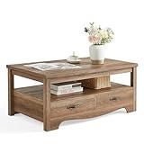 LINSY HOME Farmhouse Coffee Table with Storage, Wood Coffee Table for Living Room, Open Display Area and Storage Drawers with Metal Handles, Chic Style with Curved Base, Brown