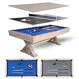 7 FT 3 in 1 Multi Game Pool Table with Dining Top Ping Pong Table Combo, Includes Pool Table Accessories and Tennis Paddles. Dust Cover Included. (Rustic Oak with Blue Felt)