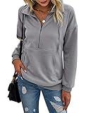 PRETTYGARDEN Women's Casual Long Sleeve Lapel Zipper Sweatshirt Drawstring Loose Pullover Tops (Light Grey, X-Large)