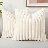 decorUhome Christmas Faux Fur Throw Pillow Covers 18x18 Set of 2, Decorative Soft Plush Striped Couch Pillow Covers with Velvet Back for Sofa, Bed, Living Room, Cream White