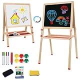 Adjustable Wooden Easel for Kids, Foldable Standing Art Easel for 3, 4, 5, 6, 7, 8 Years Old with Accessories, Drawing Painting Gifts for Boys & Girls Toddlers, Great Presents for Birthday