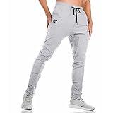 BROKIG Mens Jogger Sport Pants, Casual Zipper Gym Workout Sweatpants Pockets (Large, Light Grey)