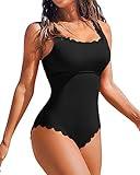 Charmo Womens Scalloped Ribbed One Piece Swimsuits Retro Square Neck Modest Bathing Suits Black M