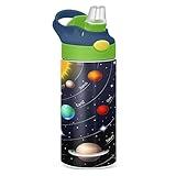 Space Solar System Kids Water Bottle with Straw and Carry Handle Galaxy Stars Vacuum Insulated Stainless Steel Bottles12 oz Green Lid Leak-Proof for Boys Girls Toddler 4-8 Years Old