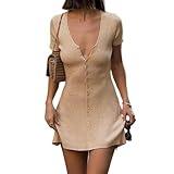 GCZREN Women Sexy Deep V Neck Button Front Knit Mini Dress Elegant Short Sleeve Ribbed Flowy Hem A-Line Short Dress(S,Apricot)