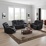 Ball & Cast 3 Pieces Living Room Furniture Sets,Leather Power Recliner Sofa W/Adjustable Reclining Angles,Home Theater Seat W/Loveseat Reclining Couch & Recliner Couch,Black