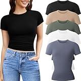 CE' CERDR 3/5 Pack Womens T Shirts Crew Neck Short Sleeve Shirts for Women Casual Basic Fitted Stretchy Tee Tops