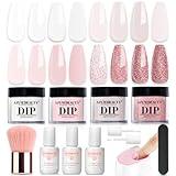 AZUREBEAUTY Dip Powder Nail Kit Starter, Nude Pink Glitter Neutral Skin Transparent, 4 Colors Dipping Powder Set All Seasons, French Nail Art Base Top Coat Activator Liquid Manicure DIY Salon 12 PCS