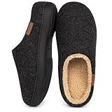 VeraCosy Men's Wool Felt Slippers Warm Fuzzy Faux Sherpa Slip-on Memory Foam Indoor House Slippers Dark Black, 9-10 US