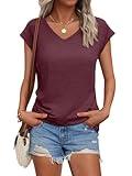 AUTOMET Womens V Neck Cap Sleeve Tshirts Casual Tops Cute T Shirts Summer Clothes Vintage Basics Tee, WineRed, XL