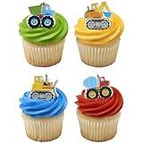 DecoPac Construction Rings, Cupcake Decorations, Construction Vehicle Cupcake Toppers, Mixer Truck, Excavator, Dump Truck & Bulldozer, Food Safe Cake Topper – 24 Pack