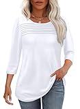 Womens Tops 3/4 Length Sleeve Blouses Dressy Casual Plus Size Tshirts Shirts Spring Summer Outfits Pleated Beach Vacation Clothes White XL