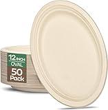 100% Compostable Oval Paper Plates [50-Pack] - {PFAS-Free} - {BPI Certified} - [12 Inch] Heavy Duty, Eco-Friendly, Biodegradable Bagasse Platters - Natural Brown 12" Oval Platter Plates by Stack Man