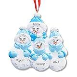 Ornaments by Elves - Personalized Snowman Family Christmas Ornaments 2024 - Mother & Three Children Blue Scarf Snowflakes Enjoying Winter Holiday Seasons Hanging Decor in Giftable Packaging