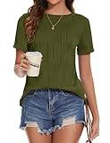 Micoson Round Neck Tops for Women Pleated Textured Shirts Trendy Casual Solid Blouses Business Office Short Sleeve T Shirts (Army Green, XL)