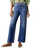 Astylish Women's Baggy Boyfriend Jeans Vintage Wide Leg High Rise Trendy 2024 Stretchy Denim Ankle Pants with Patch Pockets Dark Blue Size 12