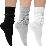 Witwot 3 Pair Womens Slouch Socks Cotton Knee High Tube Scrunch Sock Black-White-Grey