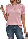 Dokotoo Plus Size Tops for Women Fashion 2025 Casual Loose Womens Tops Soft Solid Crew Neck Short Sleeve Pullover Sweaters for Women Basic Tee Shirts Hollow Out Cable Knit Tunics Top Blouses Pink L