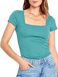 Womens Tops Short Sleeve Square Neck Spring Summer Slim Fit Tees Shirts Blue