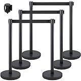 VEVOR Crowd Control Stanchion Set, Stanchion Set with 6.6 ft/2 m Black Retractable Belt, Black Crowd Control Barrier w/Concrete and Solid Metal Base - Easy Connect Assembly (6)