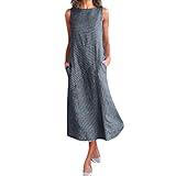 Youmymine Women Sleeveless Dress Casual Striped Crew Neck Linen Beach Long Dresses with Pocket (XXL, Navy)