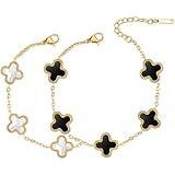 MEFELAY Unique 18K Gold Four Leaf Clover Bracelet for Women White Black Lucky Link Clover Bracelets Set, Trendy Bracelets Set Jewelry Gifts for Women