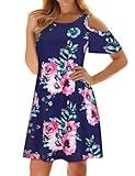 Misyula Style Women Summer Cold Shoulder Floral Flowy T-Shirt Dress with Pockets (Small, Blue, s)