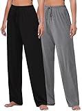 FEQO 2 Pack Women's Lounge Pants Wide Leg Yoga Pants Soft Pajama Bottoms Casual Loose Sweatpants Drawstring Yoga Pants, L(Black,Gray)