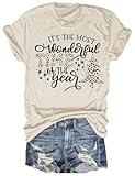 Women's It's The Most Wonderful Time of The Year T-Shirt Winter Short Sleeve Christmas Xmas Buffalo Leopard Tees Tops(2024-B-Beige,L)