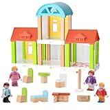 42-Piece Small Wooden Dollhouse Set, 4-Room Family Toy House with 4 Movable Dolls, DIY Doll House Furniture Accessories, Birthday for Kids Ages 3-8 (12.24" L x 4.06" W x 9.44" H)