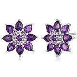 MORGAN & PAIGE Rhodium-Plated .925 Sterling Silver Genuine Purple Amethyst Flower Cluster 3/4" Prong-Setting Stud Earrings