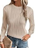 EVALESS Womens Long Sleeve Tops Shirts 2025 Fashion Trendy Dressy Casual Spring Summer Fall Round Neck Textured Loose Fit Blouses Clothes Outfits,Apricot Large