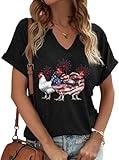 Funny Chicken V-Neck T-Shirt for Women Farm Country Casual Tee Tops Hen Lover Humor Fluent in Fowl Language July 4th Chicken Make Me Happy Chicken Tender Graphic Loose Top-Black L