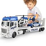 Dwi Dowellin Toddler Boy Toys for 3 4 5 6 Year Old, 25" Semi Truck Toy with Racing Car and Helicopter - Police Toys,Birthday Gifts for Kids Child 2 3 4 5 6 Years Old