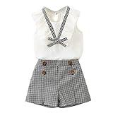 Toddler Kids Baby Girls Trend Cute Schcool Playful Outfits Clothes Bowknot Vest Tops+Plaid Shorts Pants Set (b-White, 5-6 Years)