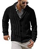 Beotyshow Men's Shawl Collar Cardigan Sweater Slim Fit Cable Knit Button Down Black Merino Wool Twisted Sweaters for Men Black