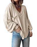 BTFBM Women's Casual V Neck Ribbed Knit Shirts 2024 Fall Pullover Tunic Tops Loose Balloon Long Sleeve Blouses Top(Solid Apricot, Large)