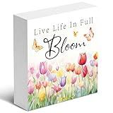 SSQBZU Live Life In Full Bloom, 5x5 Wooden Box Sign, Spring Decor, Modern, Tabletop Mount