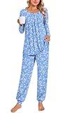 Anymeet Soft Winter Long Sleeve Pajama Set 2 Piece For Women Clearance Lounge Sleepwear Ladies Pjs Sets Blue White Flower L