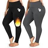 yeuG 2 Pack Women's Plus Size Fleece Lined Leggings with Pockets-1X-4X High Waist Tummy Control Thermal Warm Winter Workout Yoga Pants(Black,Dark Grey,XX-Large)