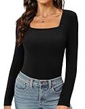 XIEERDUO Winter Clothes for Women 2024 Spring Long Sleeve Square Neck Slim Fit Tees Shirts Black M