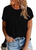 Eytino Plus Size Tops for Women Round Neck Cap Short Sleeve Pleated Summer Loose Chiffon Shirts Blouses,3X Black