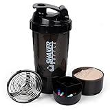 XTK Shaker Bottle 16OZ Protein Shaker Bottles with Mix Ball Portable Sports Water Bottle Leak Proof GYM Cup for Protein Mixes with Powder Storage & Pill Organizer, Idea for Pre Workout,BPA Free-Black